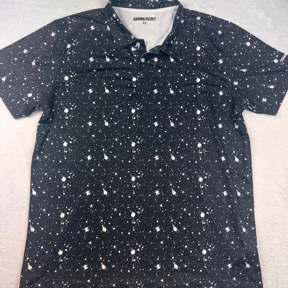 Shankitgolf Mens XL Polo Shirt Black White Splatter Galaxy Print Performance Tee